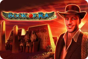 Book of Ra Deluxe Slot mit ägyptischem Buch-Symbol und Tempelkulisse
